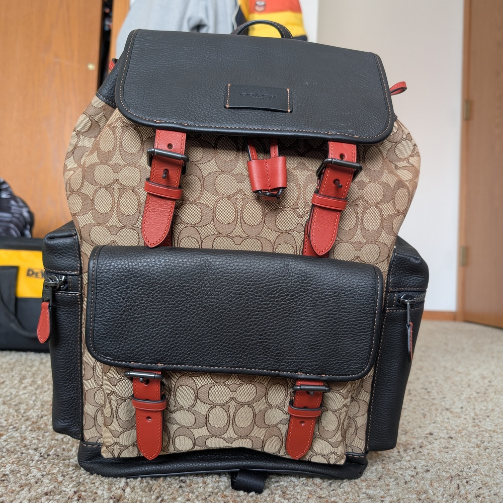 Coach Tan and Black Backpack with Leather Accents and Structured Shape
